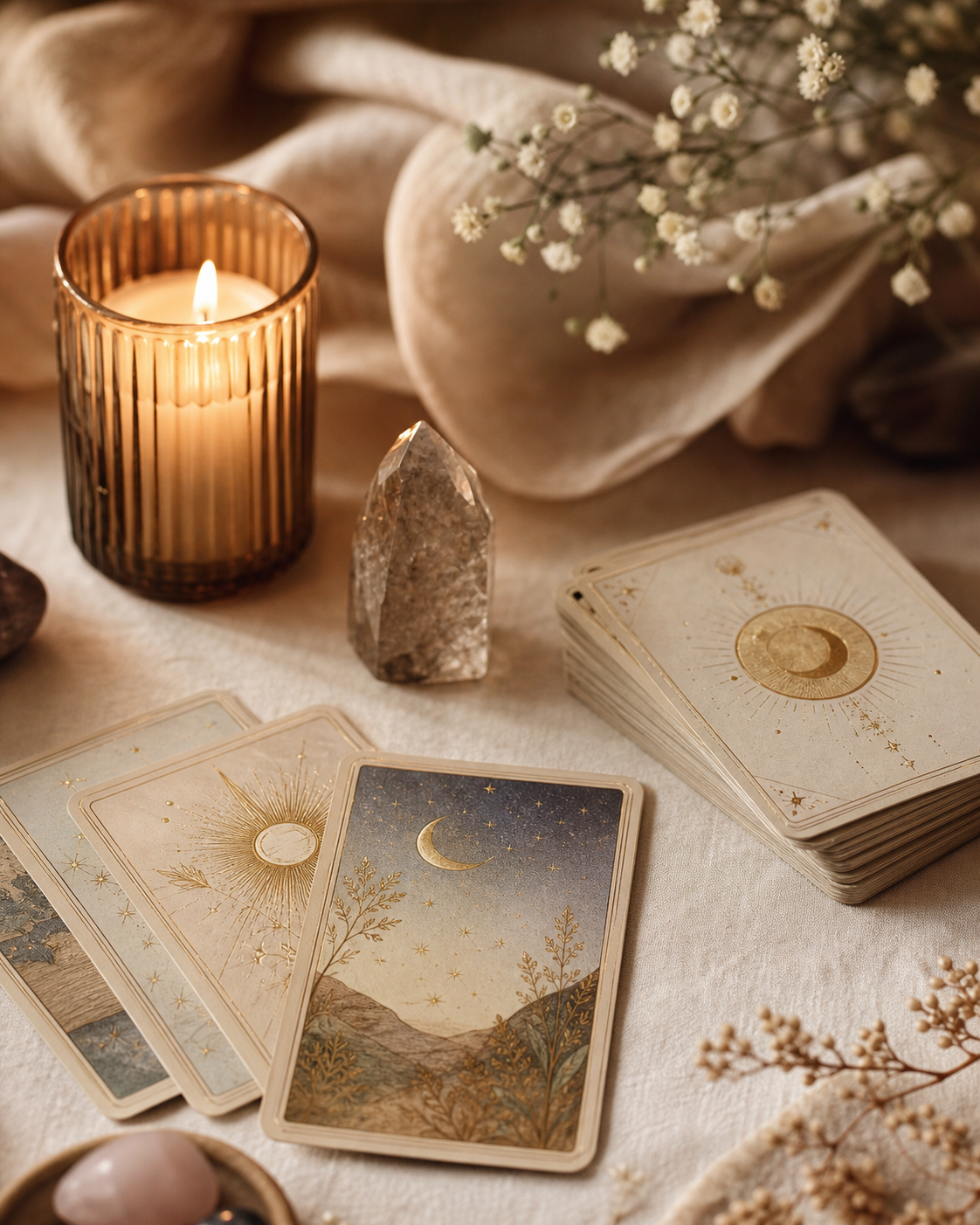 Cartes, bougie et cristal pour illustrer les consultations